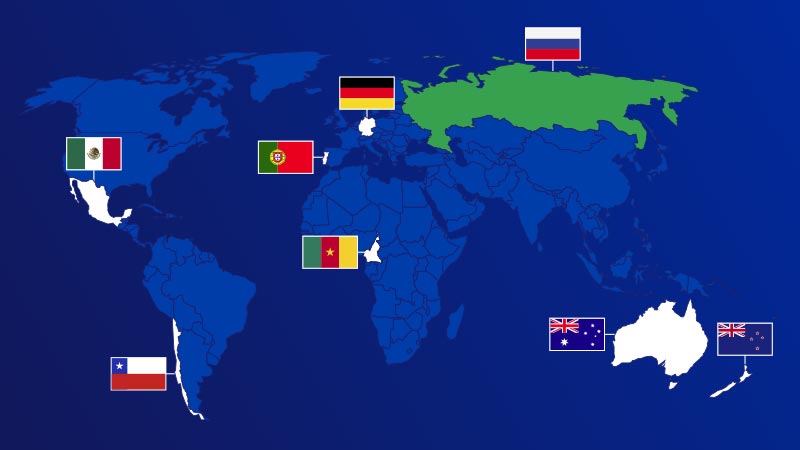 Global map identifying Mexico, Chile, Portugal, Germany, Camaroon, Russia, Australia and New Zealand with each country’s flag.
