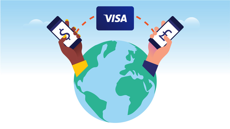 A conceptual illustration depicts two phones making cross border payments around the world, connected by a Visa logo.