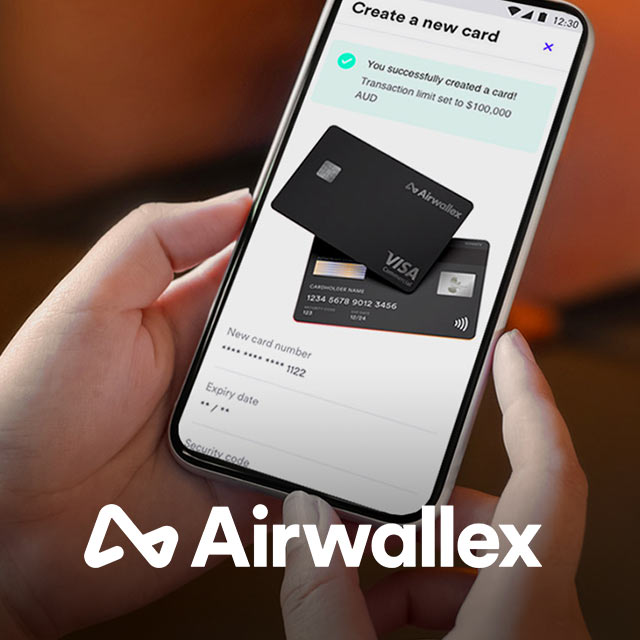 Airwallex app on a mobile phone and Airwallex logo below the image.